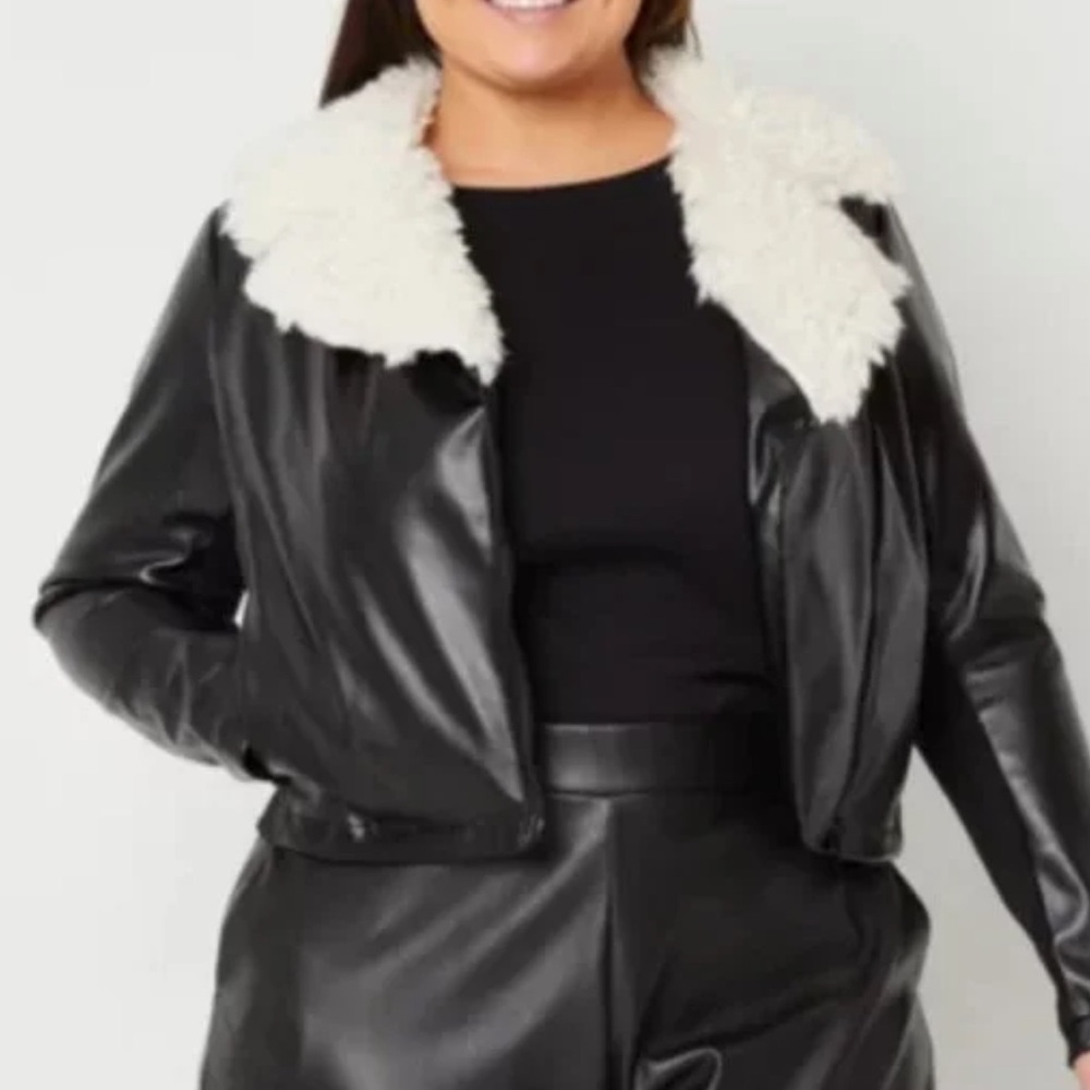NWT Juicy Couture Jacket Faux Leather Bomber Motorcycle Fur Collar Black Size M